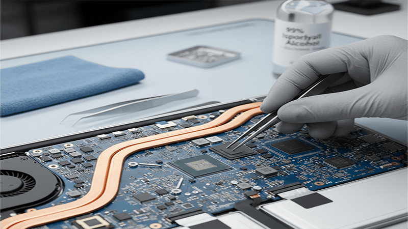 Правильная установка термопрокладок на контроллеры управления батареей и SSD-накопителя MacBook Pro M1.