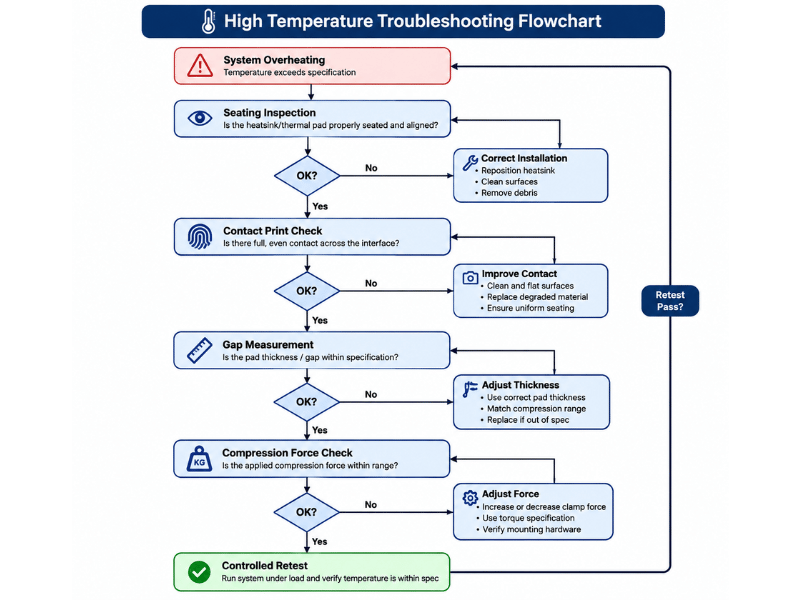 Ablaufdiagramm zur Fehlerbehebung bei einem zu dicken oder zu dünnen Wärmeleitpad