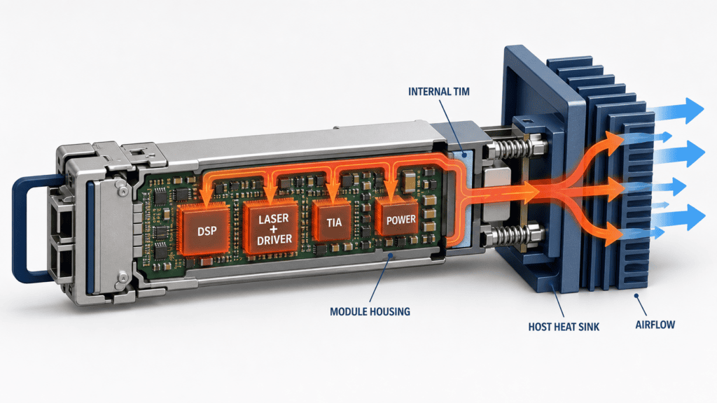 Optical transceiver thermal management heat sources and module-to-heatsink cooling path