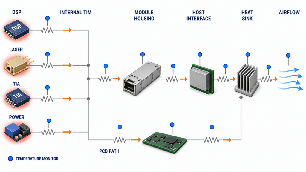 Optical transceiver heat-path map and thermal-resistance network for TIM selection