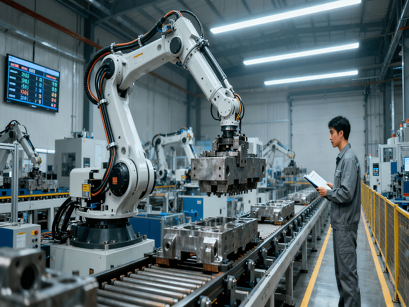 Industrial application scene featuring Jiuju Tech's products, with thermal interface materials and mechanical equipment in the background.