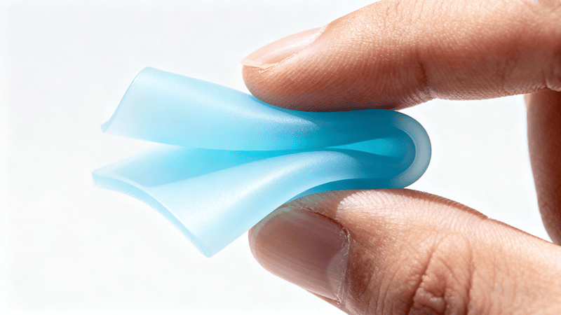 A person's fingers gently holding and bending a soft blue silicone thermal pad, highlighting its flexibility and compressibility.