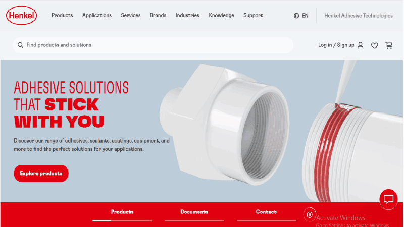 Screenshot of the Henkel website homepage, showing the company logo and a prominent banner for Adhesive Solutions.