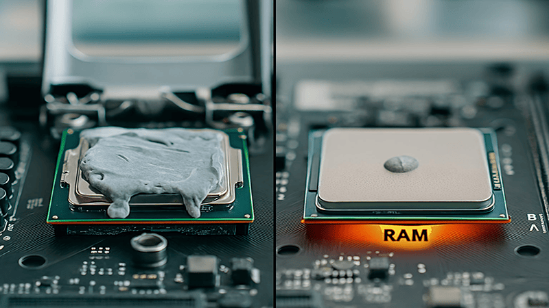 A side-by-side comparison image of a CPU mounted on a motherboard. The left side shows an excessive amount of gray thermal paste applied, spilling over the edges. The right side shows a small, pea-sized dot of thermal paste correctly applied to the center of the CPU's heat spreader. The word "RAM" is glowing at the bottom.