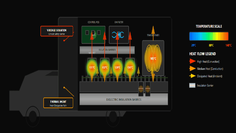 Power module thermal management and isolation diagram with MOSFETs and Transformer hotspots 