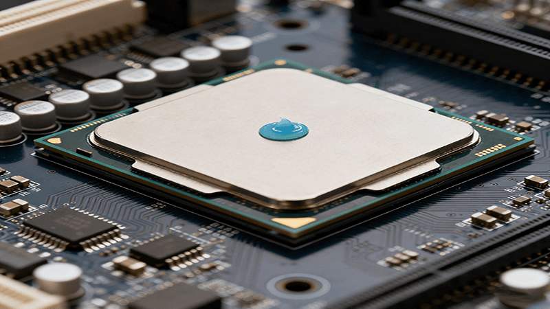 Una sola gota de pasta térmica azul colocada sobre una CPU montada en una placa base.