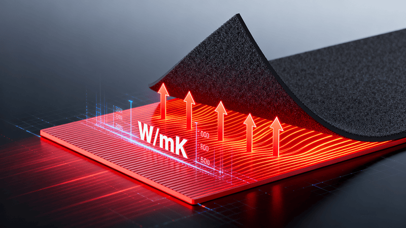 A 3D illustration showing a black graphite thermal pad lifting from a red, glowing surface, with red arrows and "W/mK" text visually representing a high level of thermal conductivity.