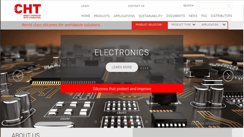 Screenshot of the CHT USA website homepage, with a graphic displaying a computer circuit board and the headline "Electronics."