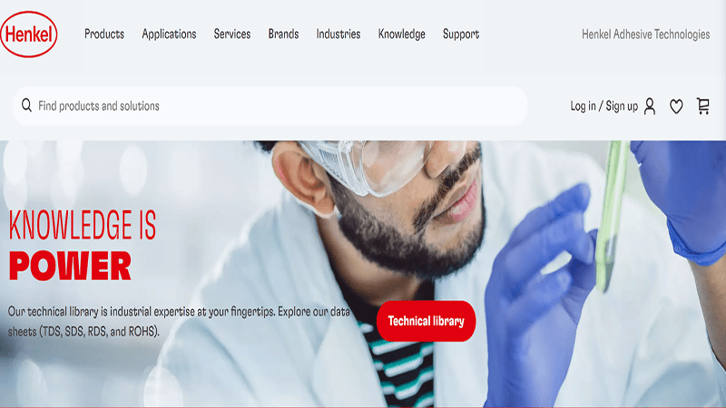 Henkel Adhesive Technologies website, featuring industrial expertise and technical library access.