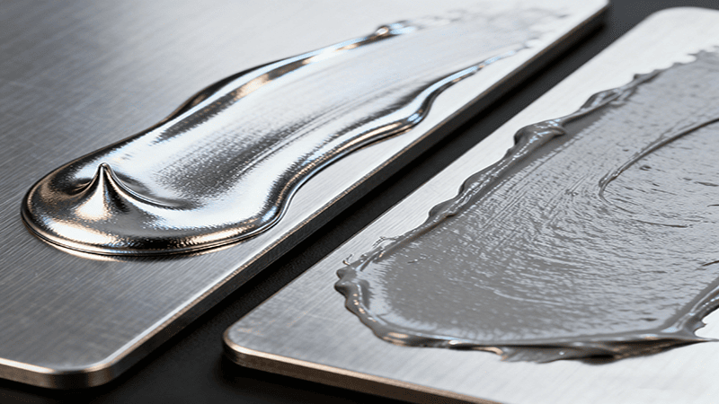 Dos tipos de pasta térmica sobre sustratos metálicos: una con acabado metálico brillante y la otra con textura gris mate.