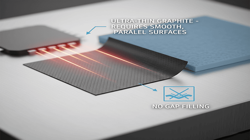 A 3D illustration of a thin graphite thermal pad being peeled away from a microchip, showing its inability to fill air gaps with accompanying text: "Ultra-thin graphite - requires smooth, parallel surfaces" and "No gap filling."