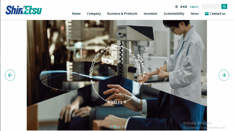 Screenshot of the Shin-Etsu Chemical website homepage, featuring a graphic illustrating a cycle of research, development, production, and sales.