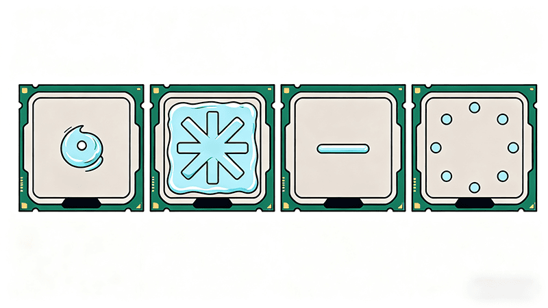 Four identical CPUs are displayed side by side, each with thermal grease applied using a different method: the first one is the center point method, the second is the cross method, the third is the straight method, and the fourth is the five-point method. Clean white background