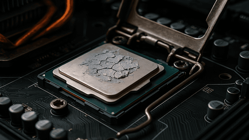 Close-up of a CPU with old, dried thermal paste cracked on the surface.