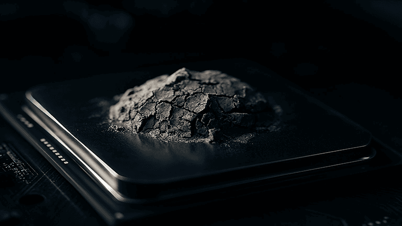 An extreme close-up of a pile of old, dried, cracked, and crumbly thermal paste resting on the surface of a CPU's integrated heat spreader.