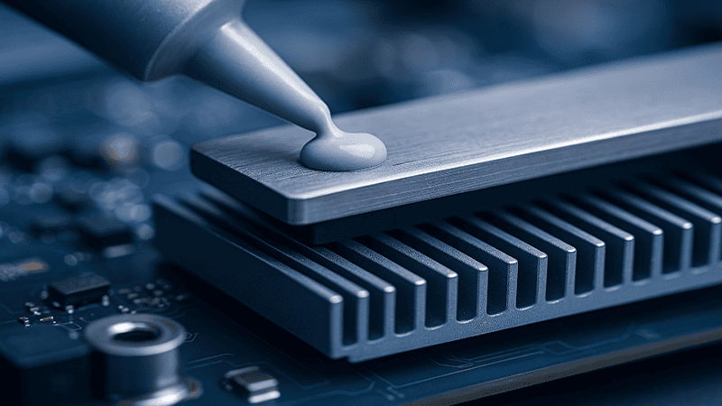 Thermal management application close-up: Thermal paste or gap filler being dispensed from a nozzle onto a metal heat sink sitting on top of a blue circuit board.