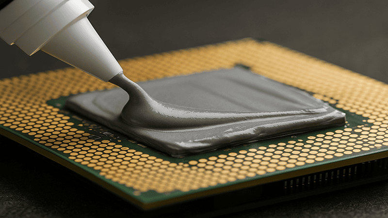 Close-up photo of thermal grease being applied onto a CPU surface