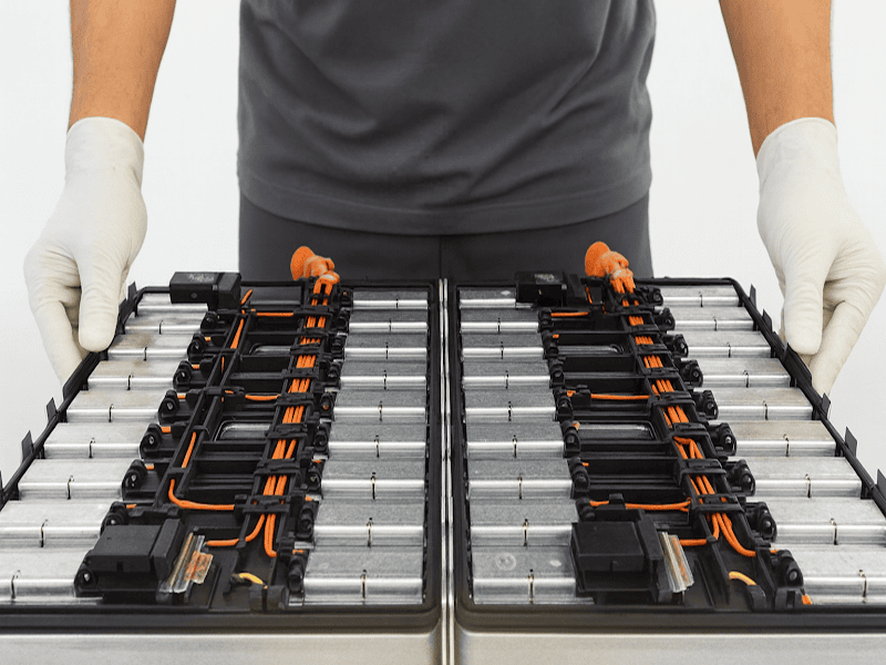 Technician handling an EV battery pack with lithium ion batteries.