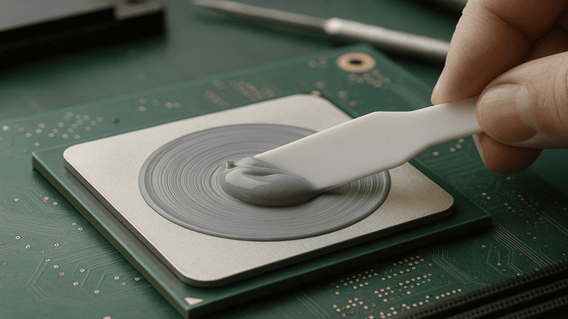 A close-up of thermal paste being spread across a CPU’s heat spreader, with a small drop of paste present on the applicator as it smooths the material into an even layer for better heat transfer.