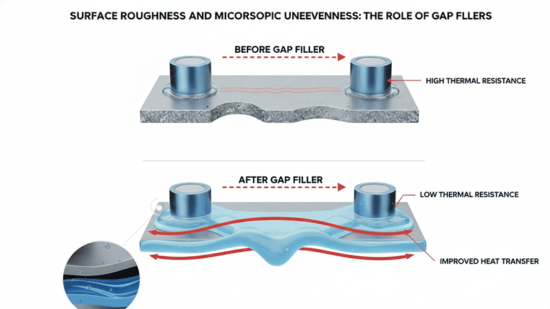 Cross-section showing metal surfaces with microscopic peaks and valleys, demonstrating how thermally conductive gap filler material flows into the imperfections to maximize contact area and reduce thermal resistance.