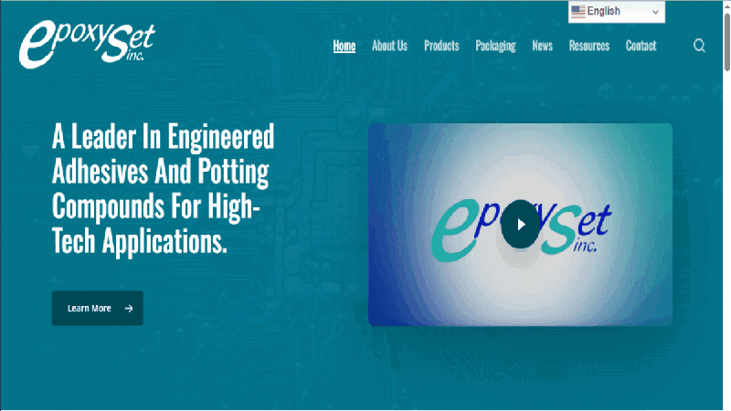  Screenshot of the EpoxySet Inc. website homepage, with the headline "A Leader In Engineered Adhesives And Potting Compounds For High-Tech Applications."