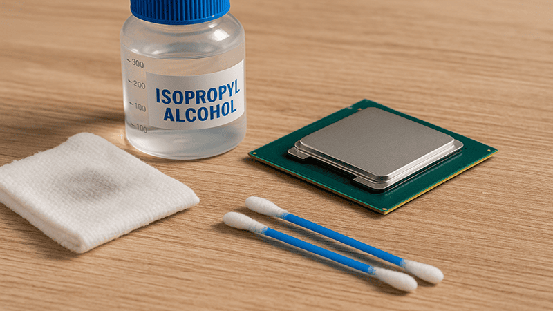 Close-up of a CPU with old, dried thermal paste cracked on the surface.