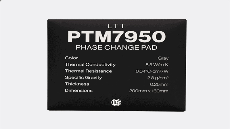 Packaging for LTT PTM7950 Phase Change Pad, listing key specifications: Color (Gray), Thermal Conductivity (8.5 W/m·K), Thermal Resistance (0.04 °C·cm²/W), Specific Gravity (2.8 g/cm³), Thickness (0.25 mm), and Dimensions (200mm x 160mm).