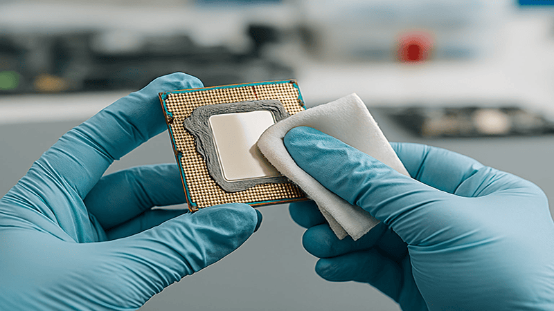 A pair of hands wearing blue gloves is using a white cloth to wipe old, dried thermal paste off the integrated heat spreader (IHS) of a CPU (Central Processing Unit).