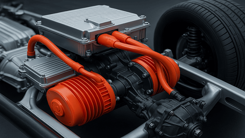 Integrated electric drive system (e-drive system) or motor controller mounted on an electric vehicle chassis. Features orange high-voltage cables connected to the motor and a silver metal controller housing.