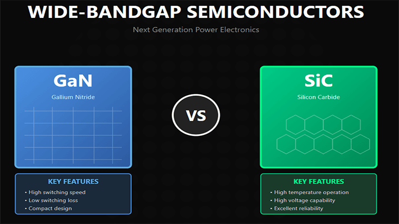 Comparison of Wide-Bandgap Semiconductors: GaN (high speed, compact) vs. SiC (high voltage, high temperature, reliable).