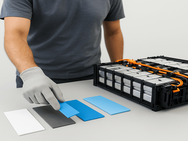 Technician selecting a thermal interface material beside an EV battery pack to improve cooling performance.