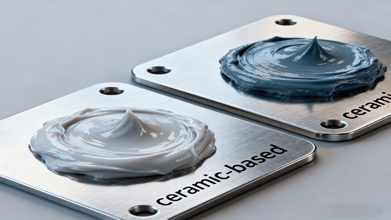 Dos pastas térmicas a base de cerámica (gris claro y azul) aplicadas sobre placas metálicas etiquetadas como "a base de cerámica".