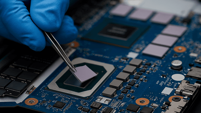 Close-up of a thermal pad being positioned on a CPU, often used as a good substitute for thermal paste.