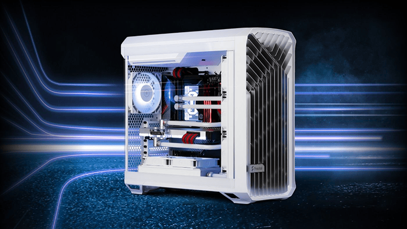 White PC case with a transparent side panel, showing internal components (including RGB cables) against a dark, futuristic background with blue light trails