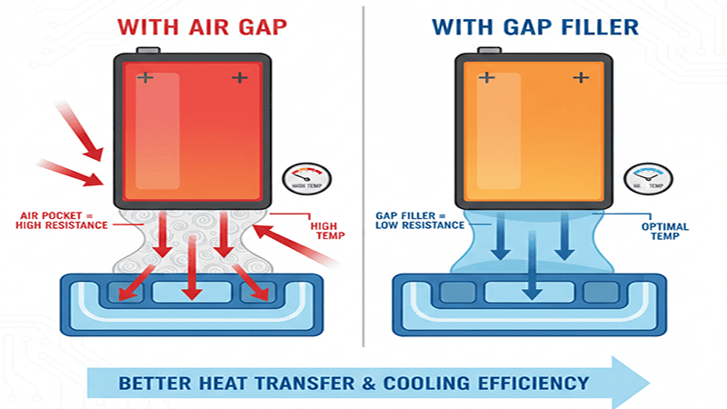 Thermal resistance comparison showing a battery cell with an air gap (high resistance/high temperature) versus a battery cell with a gap filler material (low resistance/optimal temperature) for better cooling efficiency.