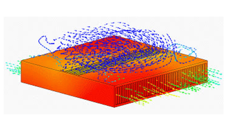  Visualización de simulación térmica de un disipador de calor con estelas de flujo de aire