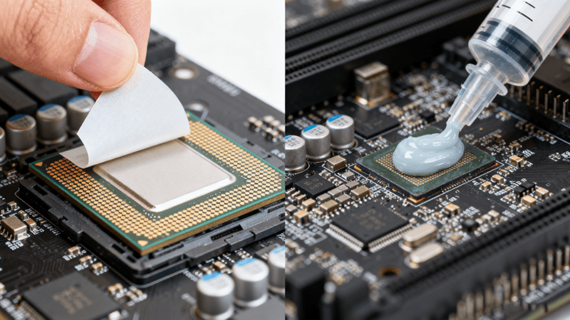A split-screen image showing the application methods of both thermal pads and thermal paste on a CPU. The left side shows a hand applying a thermal pad, and the right side shows a syringe dispensing thermal paste.
