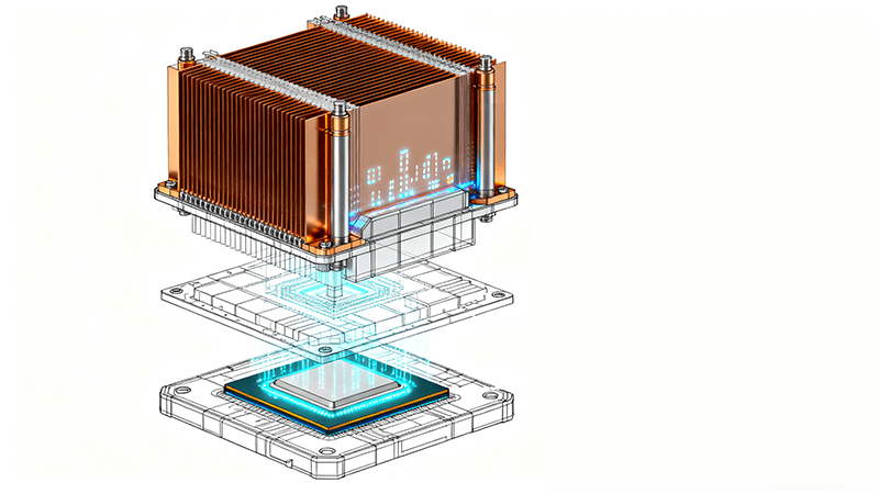 A schematic diagram of the CPU cooling system shows, from bottom to top, the CPU chip, the integrated heat sink (IHS), a thin layer of thermal grease, and a large copper fin heat sink.