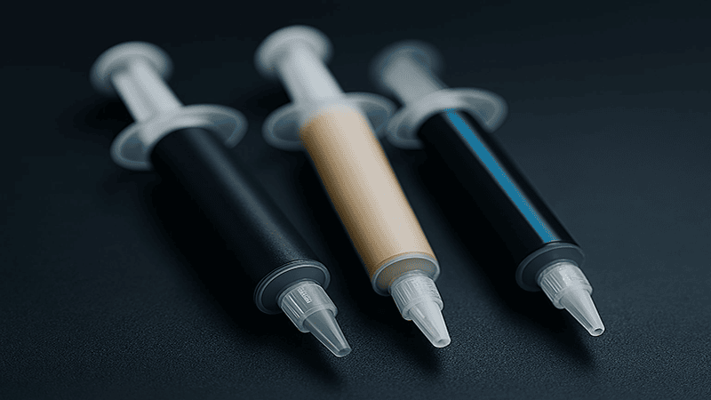 A close-up shot of three syringes, filled with different colors of thermal paste (black, tan/beige, and dark blue/black), resting on a dark surface.
