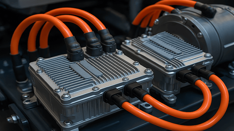Two side-by-side Electric Vehicle Power Control Units (PCUs) or inverter housings. Multiple orange high-voltage cables connect to the silver-finned enclosures' ports.