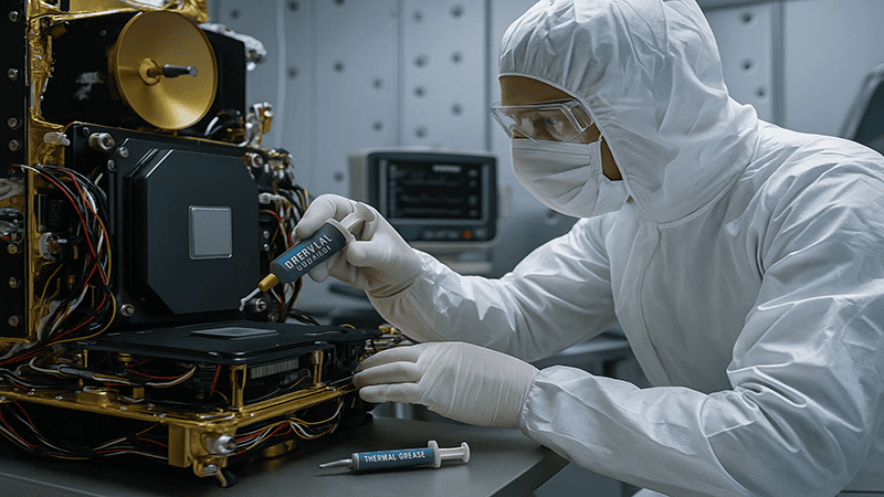 An image of an aerospace engineer in a cleanroom applying thermal grease to a satellite component.