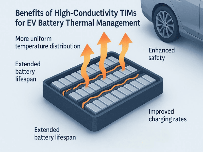 Infographic showing an EV battery pack with heat flow arrows and the key benefits of high-conductivity thermal interface materials.