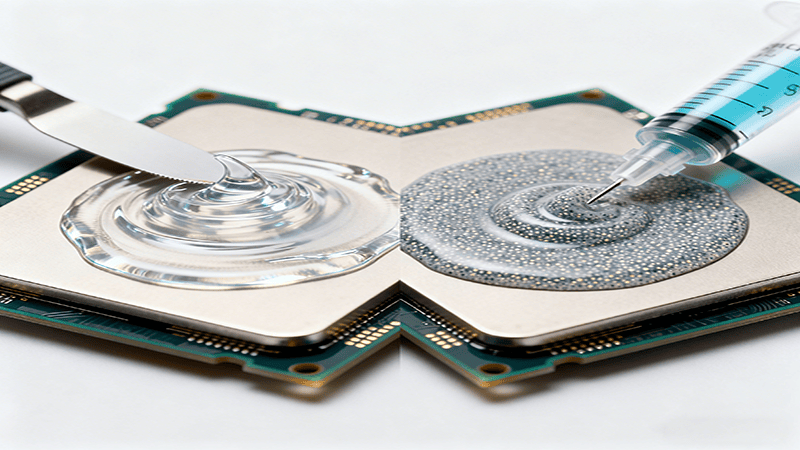 Two CPUs with different types of thermal paste—one clear paste spread with a spatula and one gray particle-filled paste applied with a syringe.