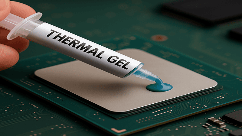 photo of a CPU as thermal gel is applied from a syringe.