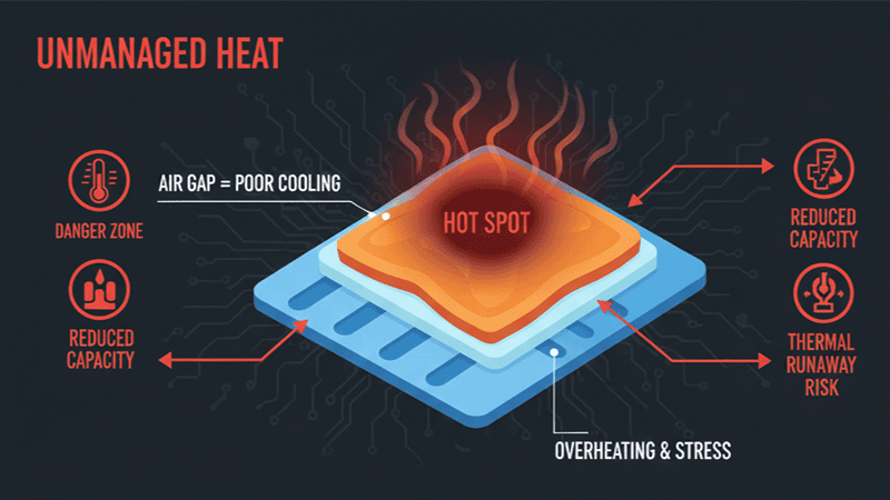 Thermal safety diagram showing a hot-spotted (red areas) lithium ion battery cell suffering from unmanaged thermal gaps, leading to accelerated aging, capacity loss, and elevated risk of thermal runaway, highlighting the need for reliable thermal interface materials.