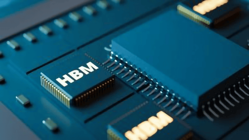HBM (High Bandwidth Memory) chip on circuit board (close-up, teal background)