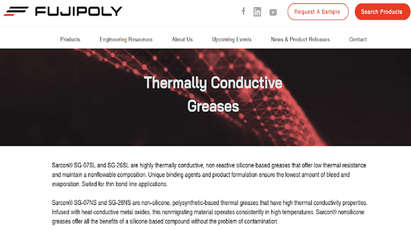FUJIPOLY website section: 'Thermally Conductive Greases' headline over a red futuristic network-patterned background, with text detailing Sarcon® thermal grease products; FUJIPOLY logo at the top left, plus 'Request A Sample' button.