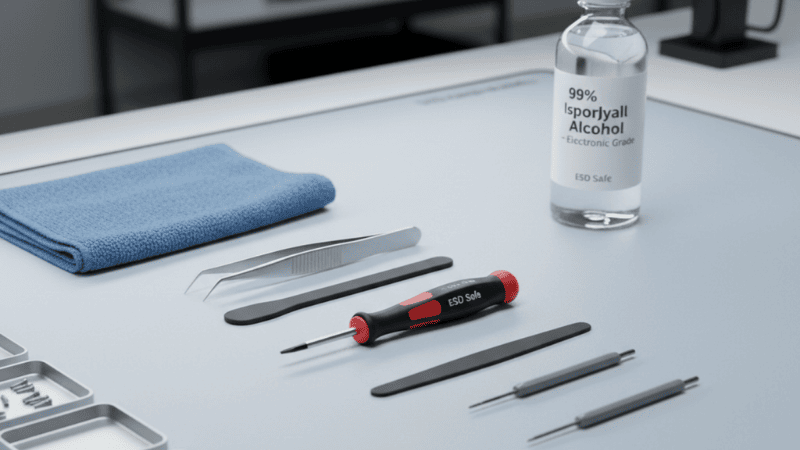 MacBook Pro M1 repair tools, including P5 pentalobe screwdriver and anti-static equipment