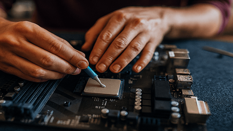 Technician applying new thermal paste onto a CPU on a motherboard using a syringe applicator.