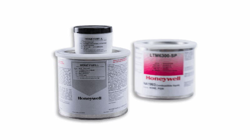 Image of Honeywell thermal interface material products in containers, including PTM 7900-SP or PTM 7950-SP phase change thermal paste, and LTM6300-SP.